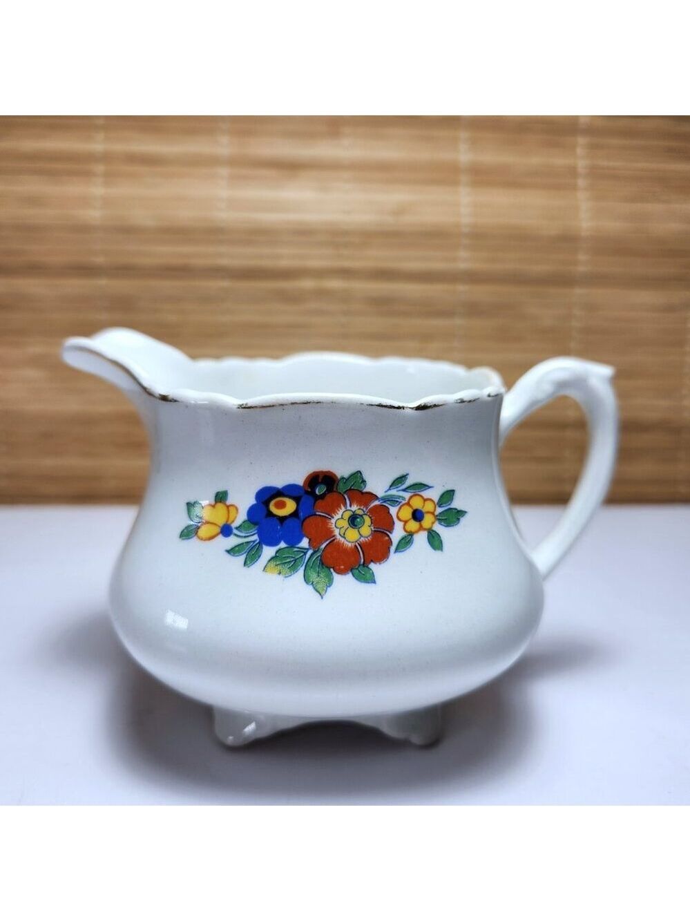 Wedgwood Patricia Footed Creamer Vintage Bone China • Gold Trim • White Floral